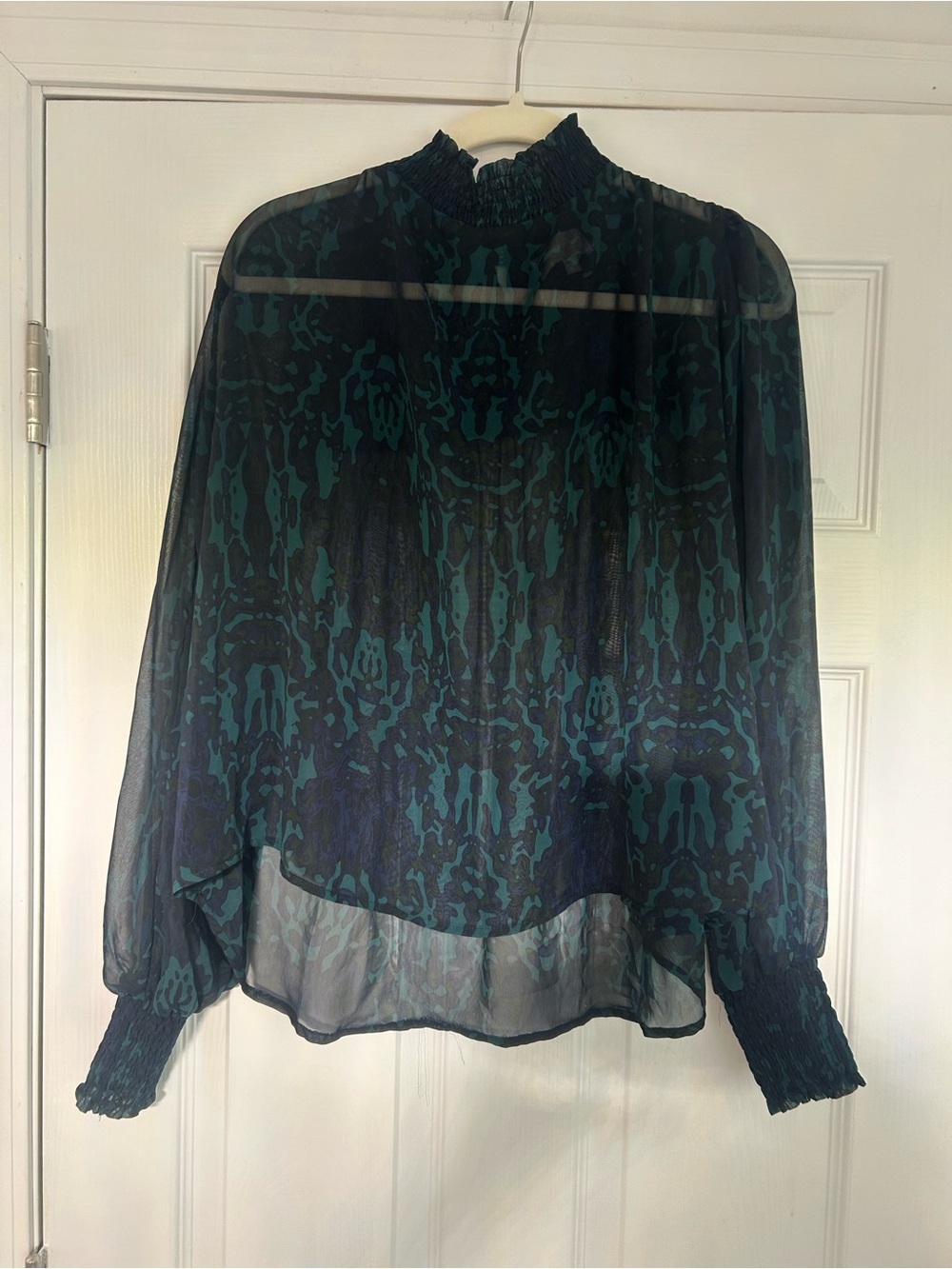 Asher XS Sheer High-Neck Blouse in Teal Pattern mock neck